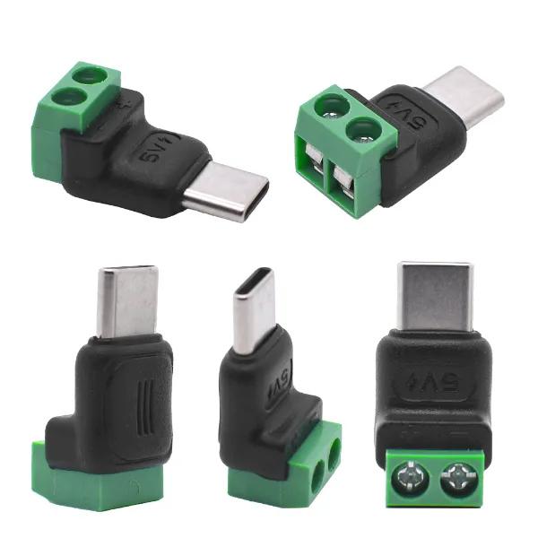 5PCS TypeC to 2 Pin Adapter No Solder Quick Connect Green Terminal for Charging Cable Phone Power Bank DIY Ele