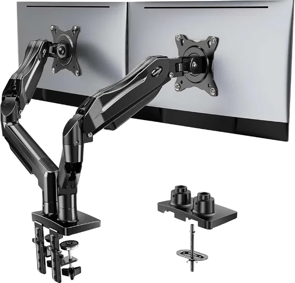 HUANUO FlowLift™ Dual Monitor Stand, Fully Adjustable Gaming Monitor Desk Mount for 13–32″ Computer Screens, F