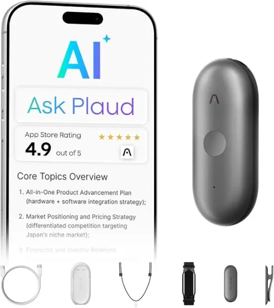 Plaud NotePin S Wearable AI Voice Recorder, Transcribe & Summarize, Black | AI Note Taker for Meetings Intervi